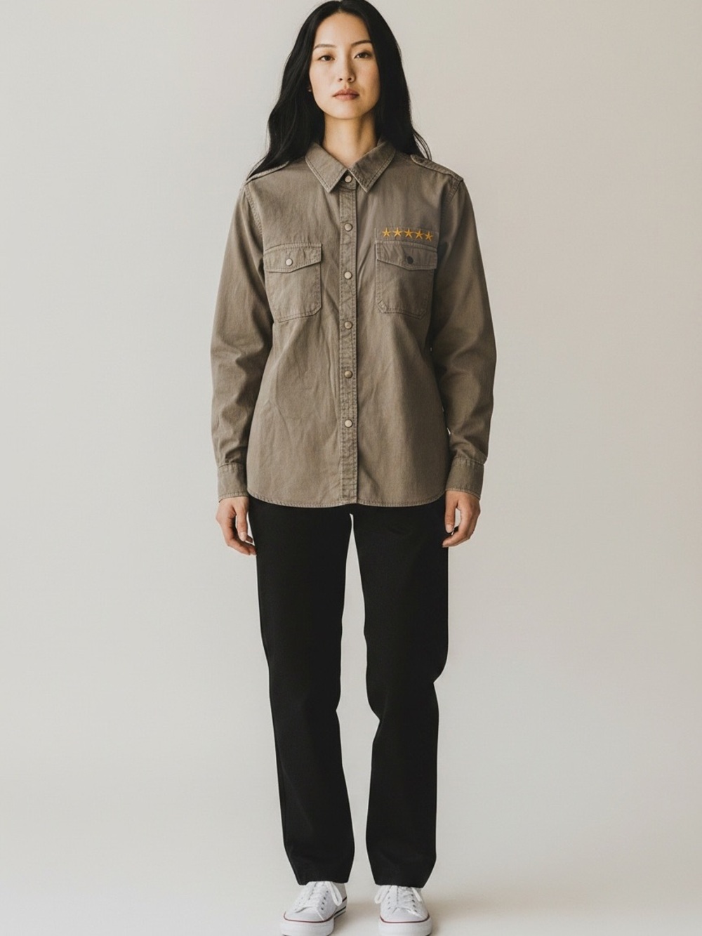 Olive Green Button-Front Utility Shirt